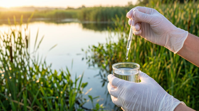 Drinking water safety analysis, pipette and glass sample, harmful contaminants PFAS and heavy metals, environmental testing, toxic pollution, laboratory research