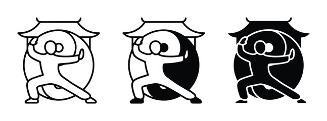 Fototapeta premium Martial Arts Icons: Tai Chi, Kung Fu, Karate Figures in Traditional Asian Architecture