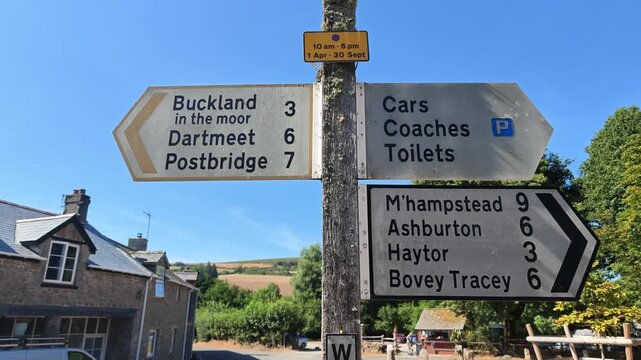 Widecombe in the Moor Devon England UK. 20.08.2026. Video, Signpost on village green showing local towns and villages  on datmoor national park