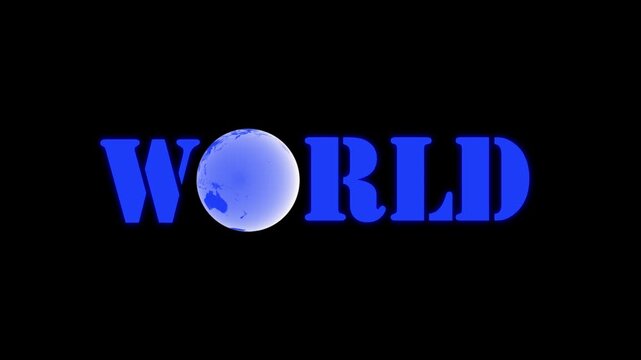 Blue 3d world text with globe letter on dark background