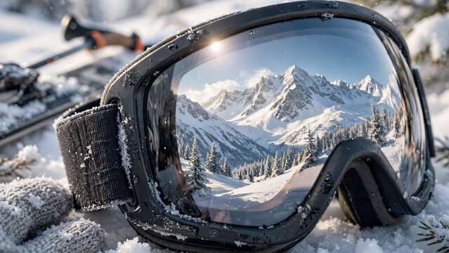Close up of snow goggles reflecting a bright winter mountain landscape with sharp details and cinematic lighting