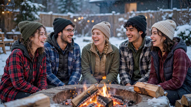 Group of young adults laughing around an outdoor fire pit in a snowy backyard during winter evening