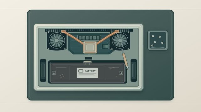 Animated laptop battery replacement showing the right to repair consumer electronics and planned obsolescence concept