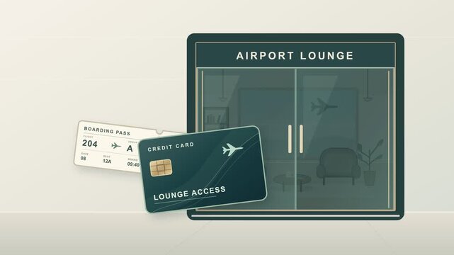 Airport lounge access granted with a credit card and boarding pass animation isolated on a white background