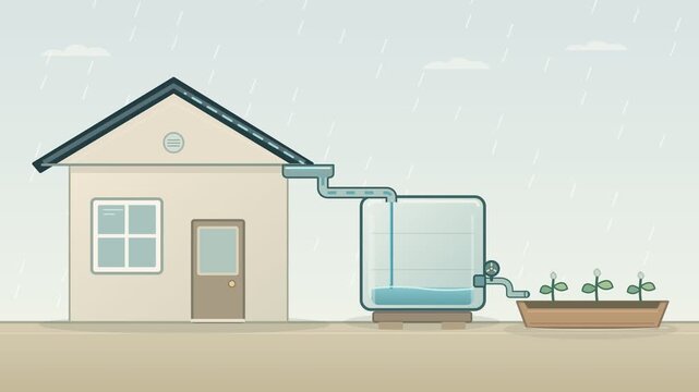 Animated rainwater harvesting system collecting rainfall for sustainable garden irrigation