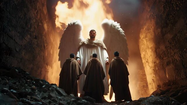 Shadrach, Meshach, And Abednego Stand Unharmed In The Fiery Furnace As An Angel Protects Them