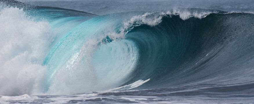 Powerful Turquoise Barrel Wave Breaking in the Open Ocean