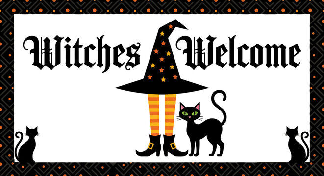witches welcome halloween greeting with witch hat black cat and boots