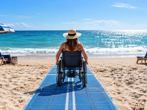 Wheelchair user pushes along beach access mat toward sea on warm summer day