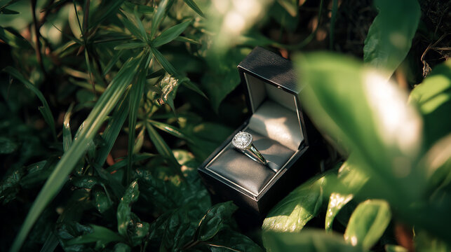 Diamond ring in box amidst green foliage
