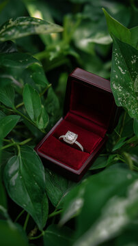 Diamond ring in box amidst green foliage