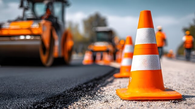 Closeup orange cone guiding fresh asphalt paving with steamroller crew