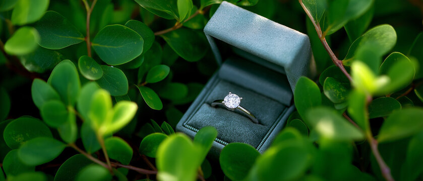 Diamond ring in box amidst green foliage