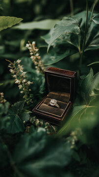 Diamond ring in box amidst green foliage