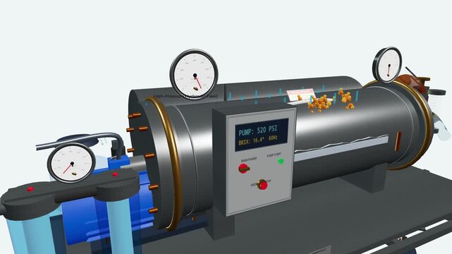 3D animation of a maple syrup reverse osmosis concentrator machine showing nanoscale water permeation and sucrose steric repulsion under high pressure to conserve thermal energy