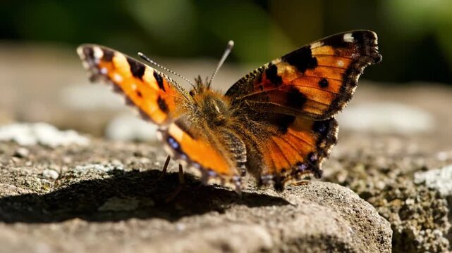 Small Tortoiseshell Butterfly with Open Wings Basking in the Sun on a Rough Stone Surface Close Up