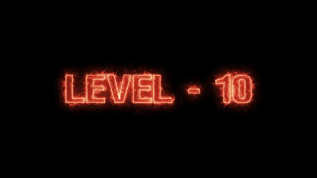 Level text animation glows with blazing fiery letters across dark. Video gaming tier progression milestones update on this level text. Player achievement rank drives the text.