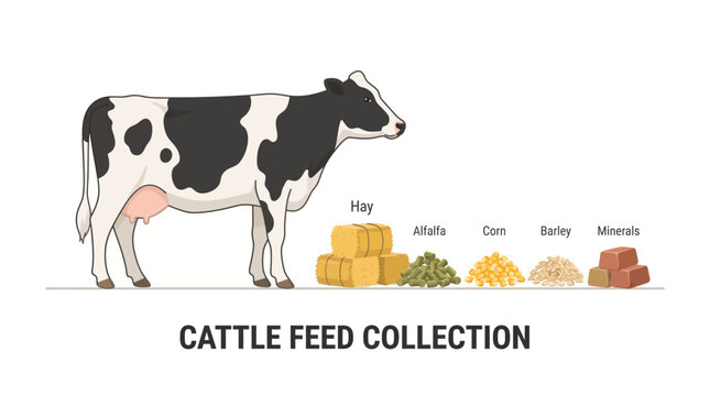 Very beautiful realistic flat vector illustration of a healthy cow standing beside separate hay bales, alfalfa cubes, corn kernels, barley grains and mineral feed blocks, CATTLE FEED COLLECTION, cente