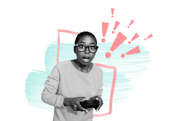 Composite photo collage of astonished american girl hold console device joystick addicted gamer lifestyle isolated on painted background © deagreez