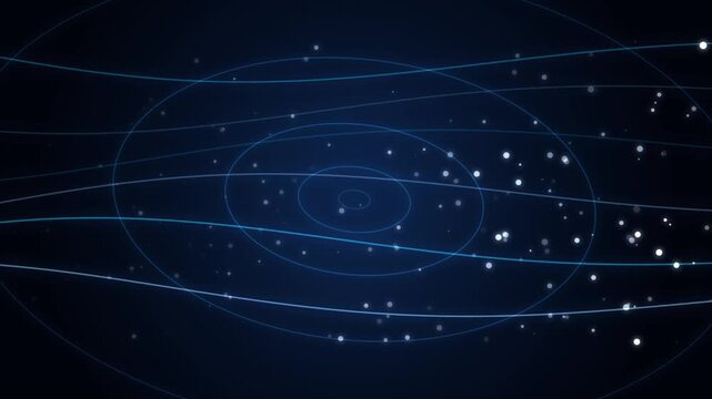 Futuristic orbit lines with drifting glowing particles on dark blue background high tech concept