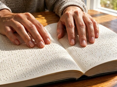 Fingertips glide across raised dots in a braille book on a sunlit wooden table