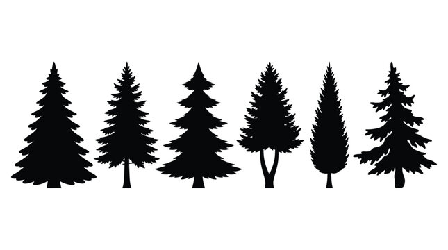 Christmas Black and white forest scene with five stylized pine trees silhouette for nature-themed designs vector