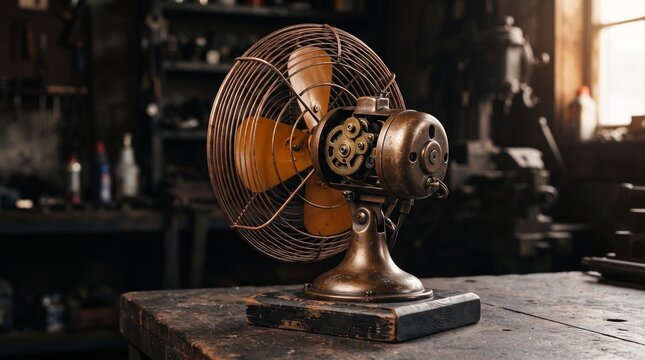 Industrial Bronze Retro Desk Fan with Amber Blades and Copper Grille, rugged vintage-inspired cooling appliance with warm workshop atmosphere