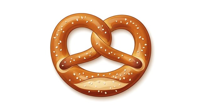 Cartoon pretzel with classic knot shape, shiny brown crust, and white salt grains. Plump and round baked snack.