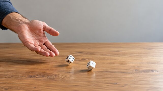 Hand rolling two dice across wooden table