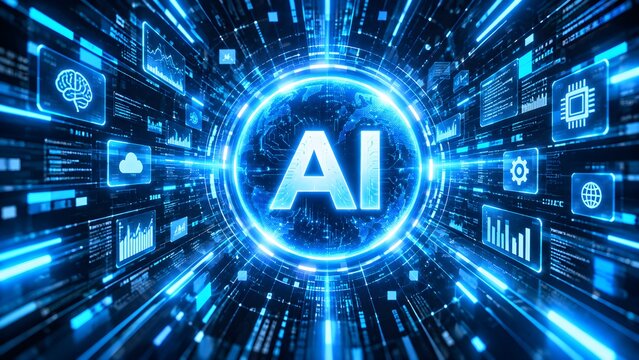 Artificial Intelligence concept with glowing blue digital data and futuristic technology tunnel background for modern tech solutions
