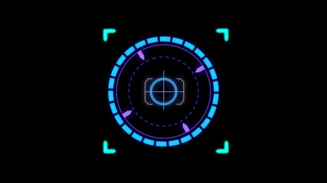 Target reticle animation rotates with precision crosshairs on dark. Weapon aiming telemetry coordinates guide this active target reticle. Surveillance tracking locks on reticle.