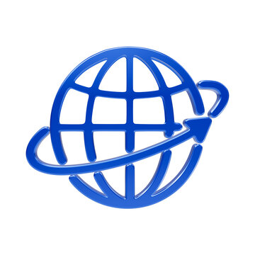 Blue glossy 3d globe grid with an orbiting arrow ring representing global communication and international trade