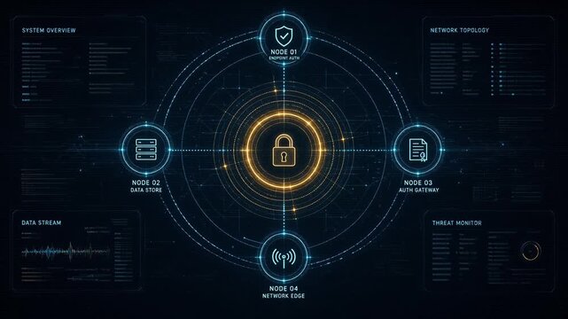 Digital lock with interconnected nodes and data flow, representing cybersecurity and network security concepts