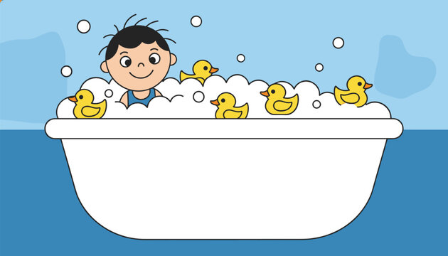 Cute cartoon boy taking a relaxing bubble bath with several yellow rubber ducks in a white bathtub under a blue background.