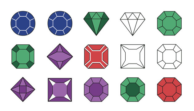 Detailed set of various gemstone shapes and cuts including diamonds, emeralds, rubies, and amethyst on a white background.