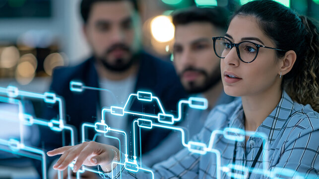 Team lead orchestrating a holographic automation flowchart with branching decision nodes lighting up sequentially, dim tech office