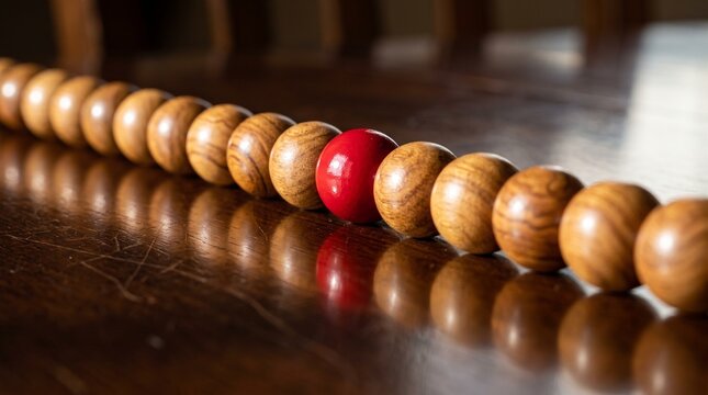 Competitive differentiation concept with one red bead among wooden spheres representing uniqueness market positioning opportunity and leadership
