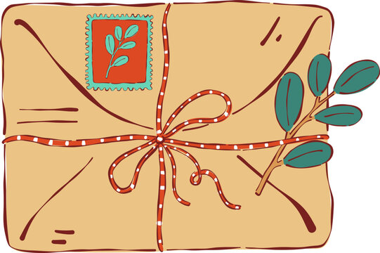 Mail envelope isolated clipart, botanical vector, retro cartoon tied letter with baker twine green leaves