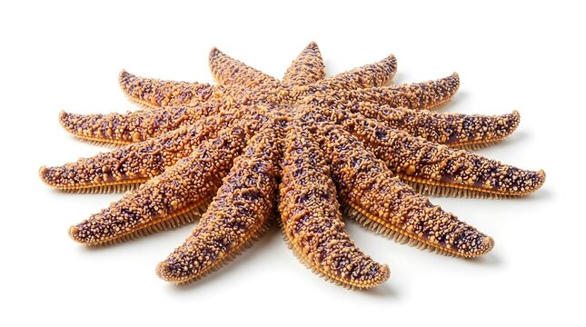 Detailed description of a multi-armed starfish with textured skin, isolated on a clean white background, showcasing its unique radial symmetry and numerous limbs.