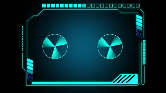 Holographic interface animation displays dual circular screen dials. Futuristic telemetry coordinates guide this holographic interface. Sci-fi control screens use the interface.