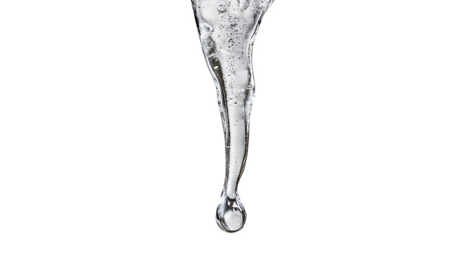 A professional studio shot of a single sharp clear icicle hanging down melting point, clean PNG isolated on a solid white background