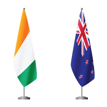 Ivory Coast and New Zealand flags on flagpoles for official ceremonies and meetings, transparent background vector