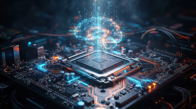 Conceptual 3d render of artificial intelligence brain glowing above circuit board representing neural networks and data