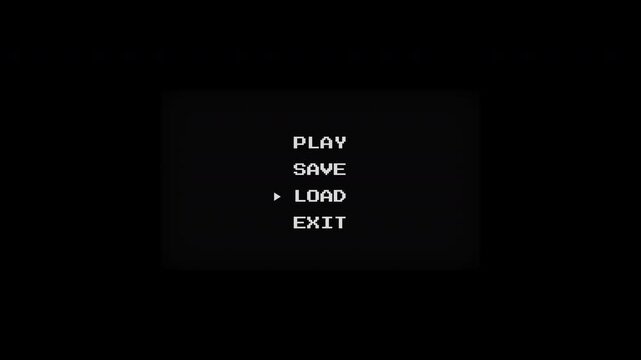 A classic 8-bit arcade menu animation featuring a CRT boot-up sequence, typing text, a classic triangle pointer, and a high-energy glitch transition to a PRESS START screen.