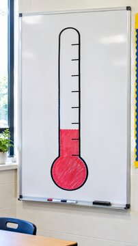 View of a whiteboard in a bright classroom showing a hand-drawn savings goal thermometer partly filled in with color