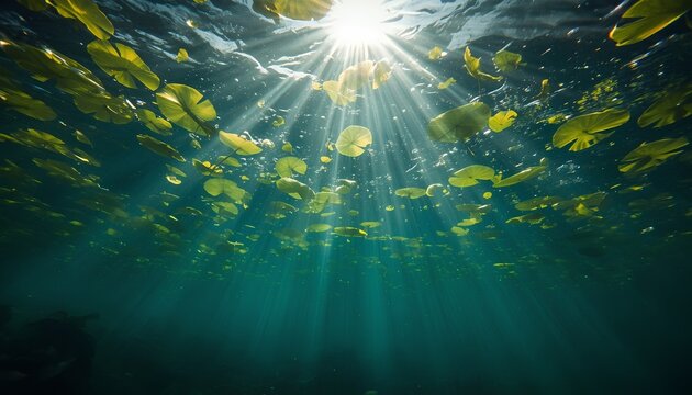 Underwater view looking up at the water surface with floating green lily pads and bright sun rays piercing through, aquatic nature background