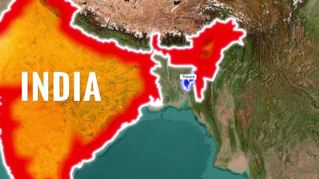 Tripura state highlighted in blue on animated map of India