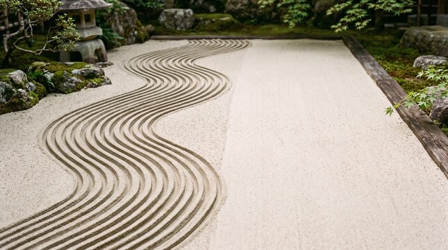 Traditional Japanese Zen garden with raked sand waves pattern and moss rocks