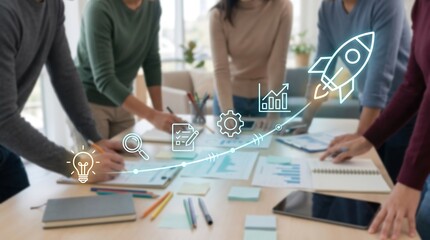 Fototapeta na wymiar Strategic business planning session with startup growth icons and rocket symbol overlay as diverse professional team collaborates around conference table with charts and documents