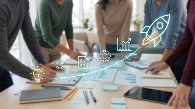 Strategic business planning session with startup growth icons and rocket symbol overlay as diverse professional team collaborates around conference table with charts and documents